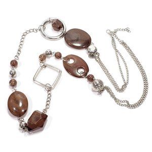 Brown Acrylic Silver Tone Necklace 37" - 39"
